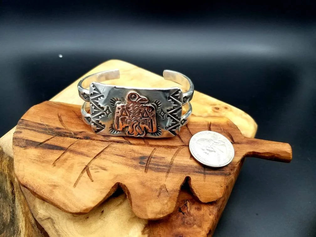 Thunderbird Fred Harvey Style Copper and Sterling Cuff