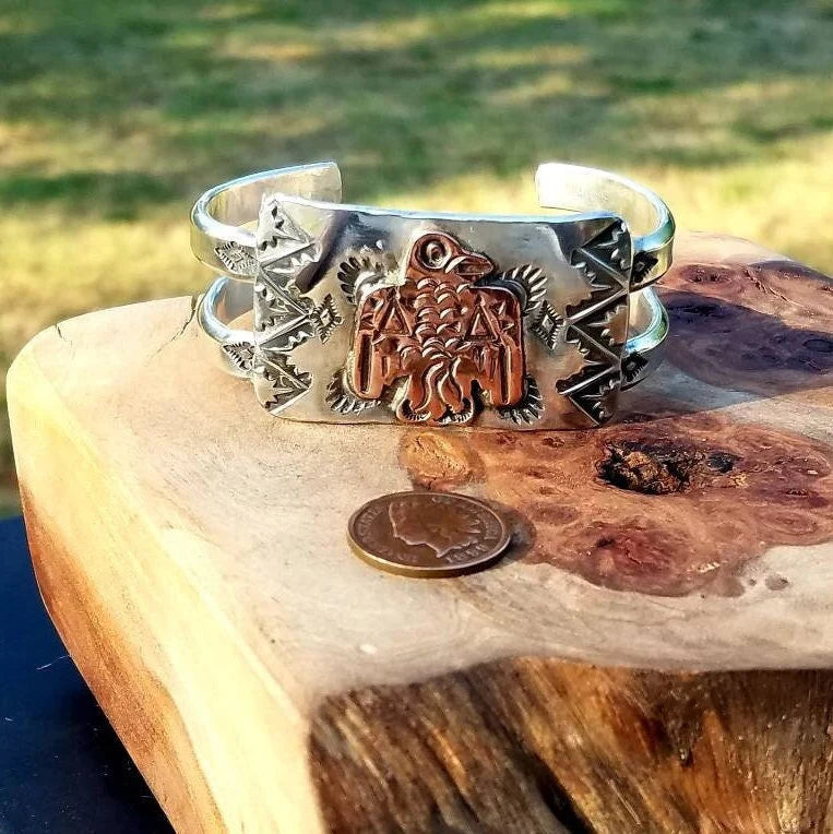 Thunderbird Fred Harvey Style Copper and Sterling Cuff