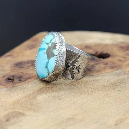 Handmade Thunderbird Turquoise and Sterling Silver Ring. Size 8.5