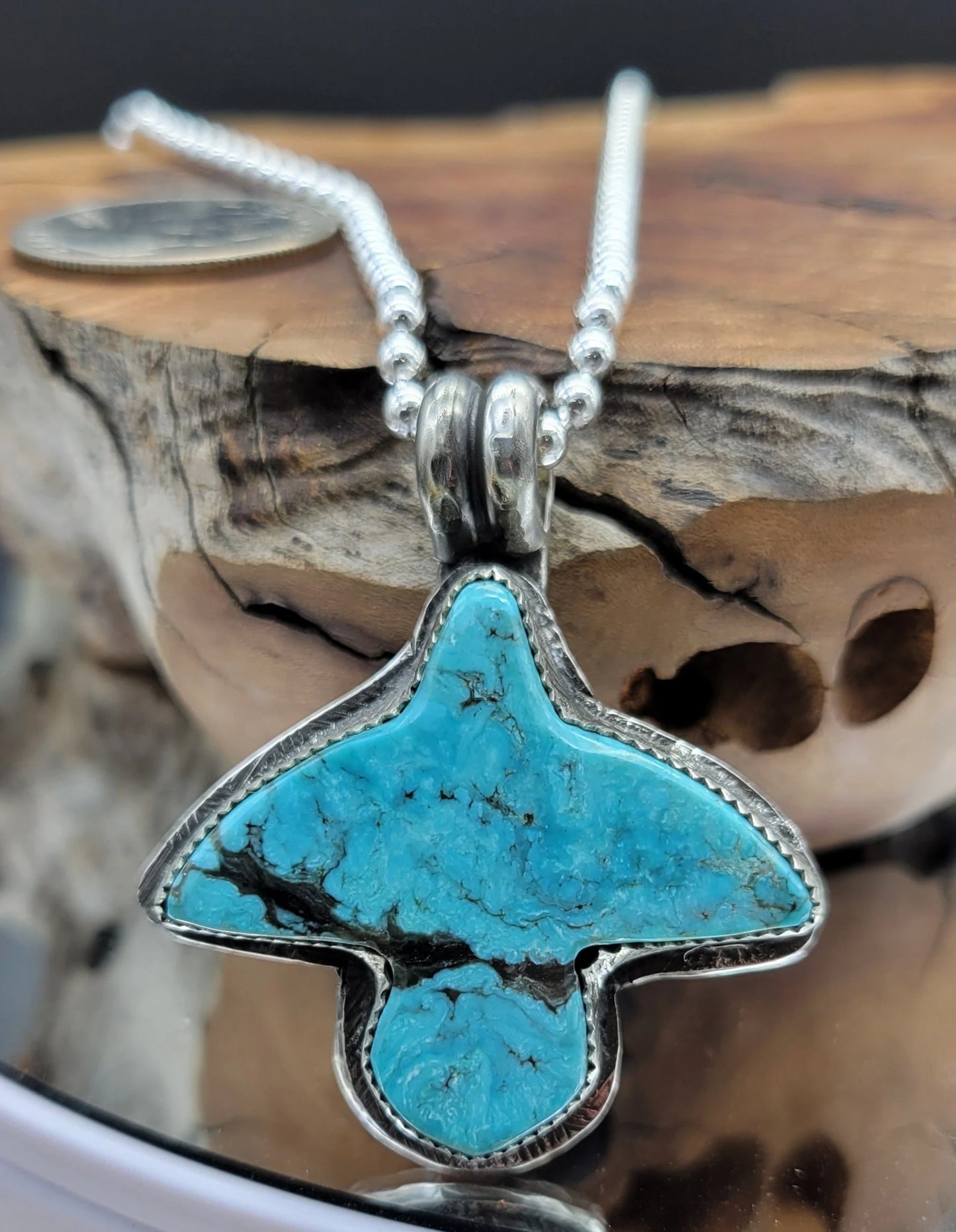 Sterling Silver Smoky Kingman Turquoise Bird Pendant with Sterling Chain