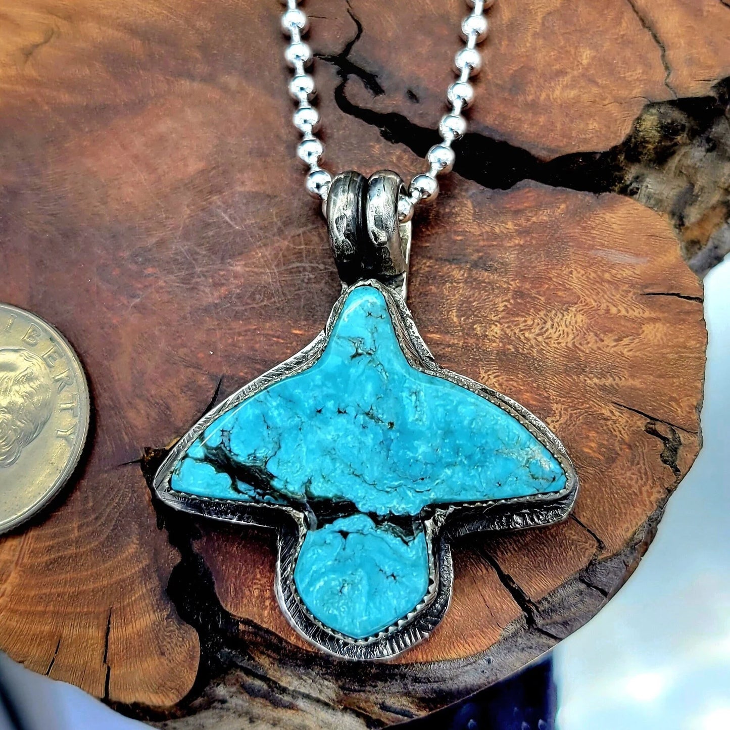 Sterling Silver Smoky Kingman Turquoise Bird Pendant with Sterling Chain