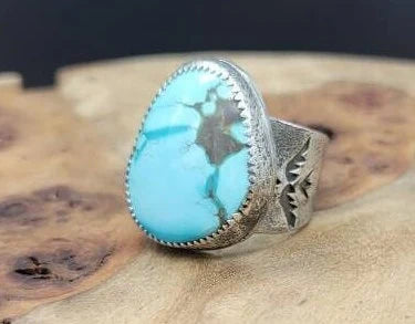 Handmade Thunderbird Turquoise and Sterling Silver Ring. Size 8.5