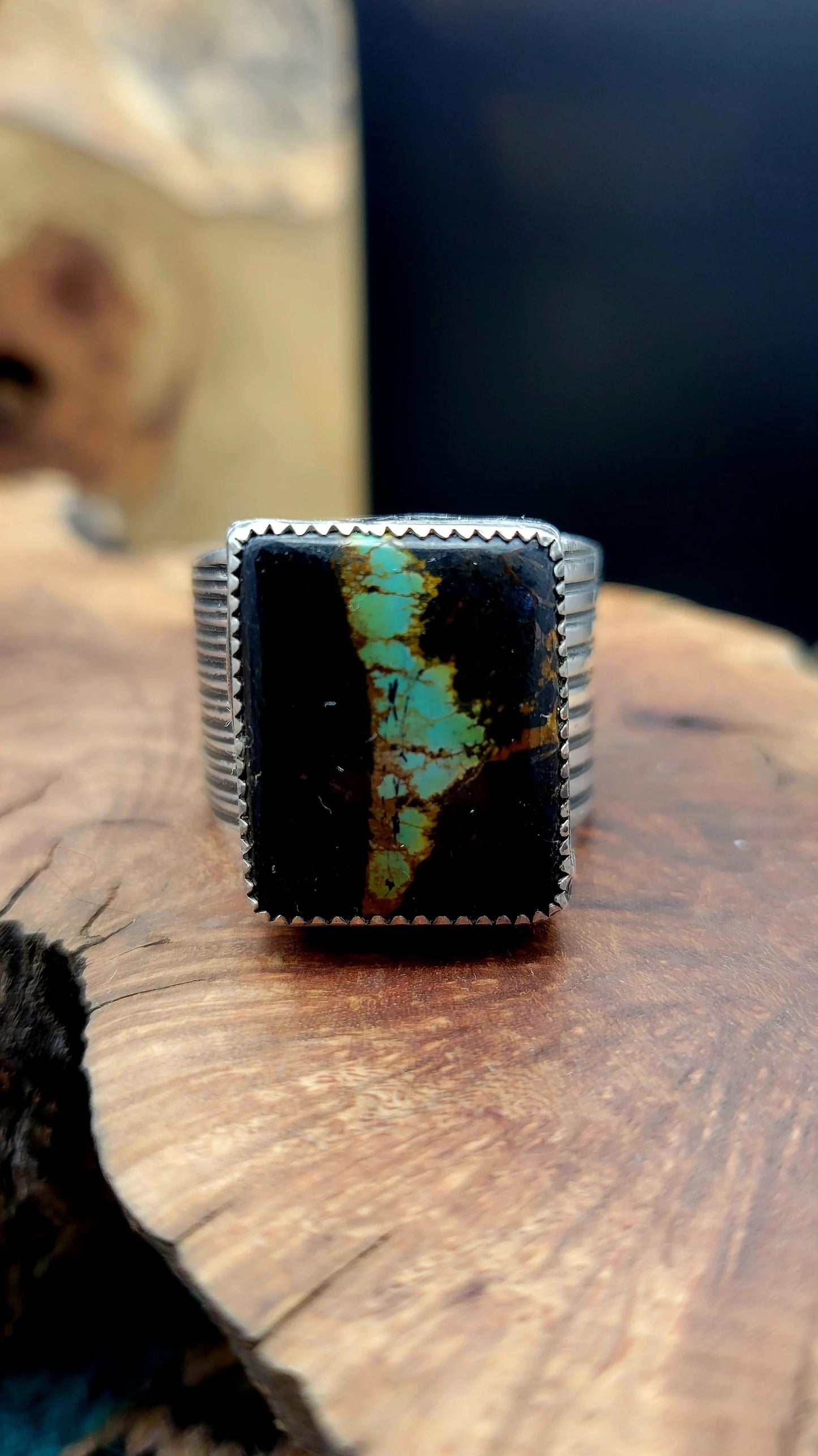 Handmade Ring, Blackjack and Sterling Silver. Size 14.5