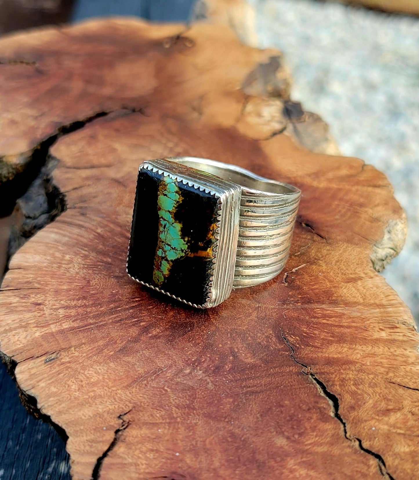 Handmade Ring, Blackjack and Sterling Silver. Size 14.5